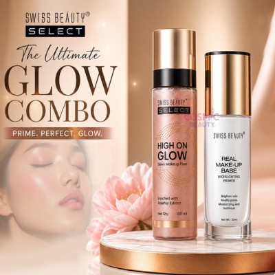 (COMBO)Swiss Beauty Real Make Up Base Highlighting Primer 01 Natural Tint And Swiss Beauty High On Glow Dewy Makeup Fixer 100ml
